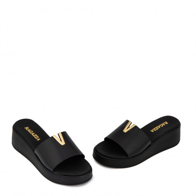 ΓΥΝΑΙΚΕΙA FLATFORMS RAGAZZA ΔΕΡΜΑ ΜΑΥΡΟ ΧΡΥΣΗ ΑΓΚΡΑΦΑ 01152-BLACK